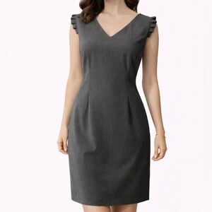 Talbots Dress 12 Gray Stretch Wool Sheath Ruffle Trim Career Church Classic